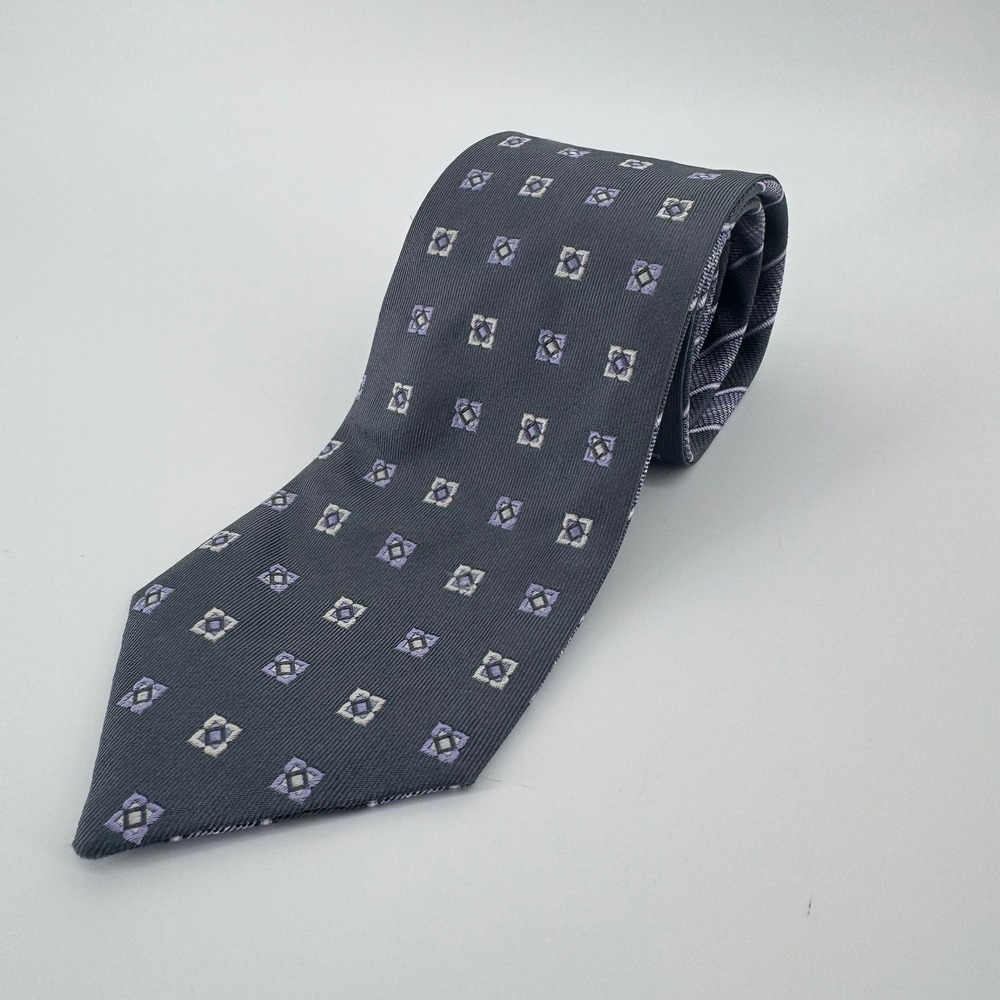 Canali Mens Silk Tie Charcoal Grey Lavender Geometric Medallion Made in Italy